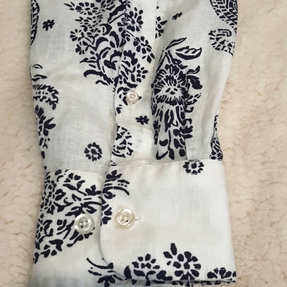 SAKS FIFTH AVENUE  BLUE 100% LINEN slim fit button front shirt Size L Paisley - Picture 10 of 16